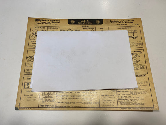 1936 Studebaker Eight Model President 125” AEA Tune Up System card