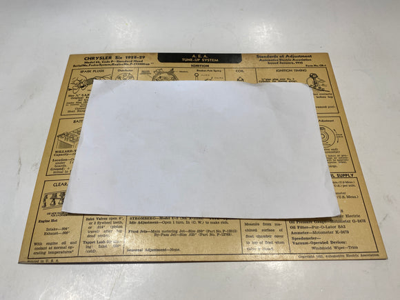 1928-1929 Chrysler Six Model 65 Code P AEA Tune Up System card