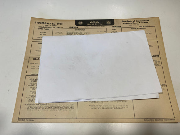 1952 Studebaker Six Model 12G Champion AEA Tune Up System card