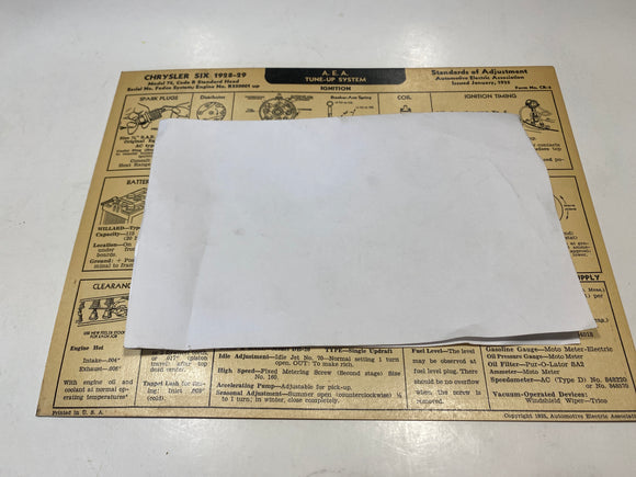 1928-1929 Chrysler Six Model 75 Code R AEA Tune Up System card