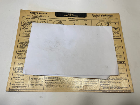 1930 Willys Six Model 98B AEA tune up system card