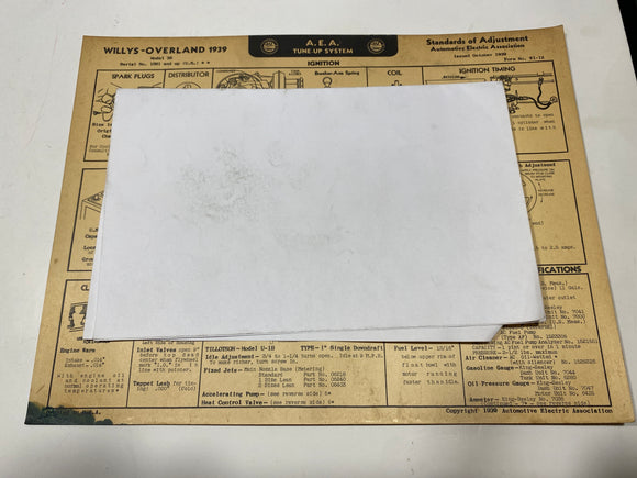 1939 Willys Overland Model 39 Standard AEA Tune Up System card