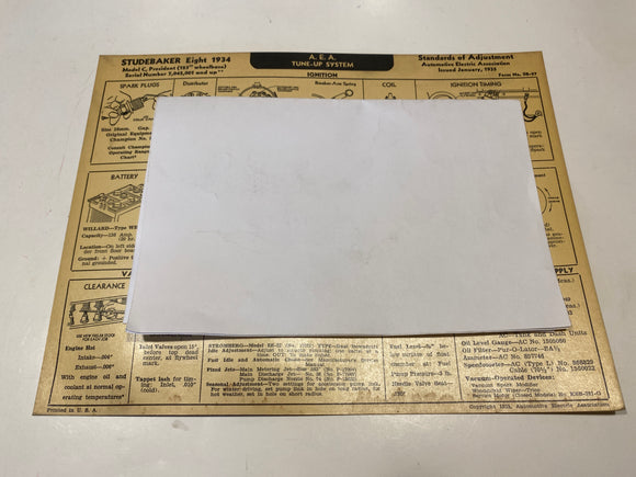 1934 Studebaker Eight Model C President AEA Tune Up System card