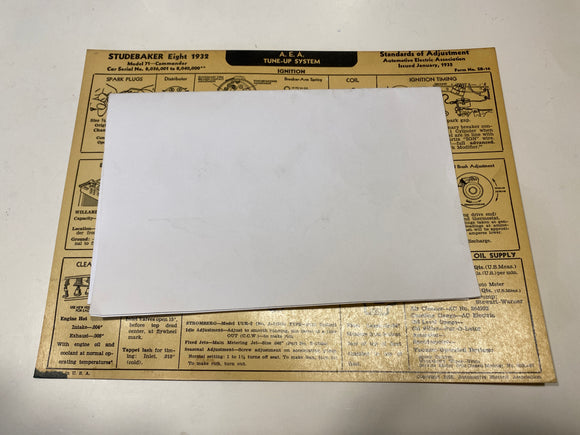 1932 Studebaker Eight Model 71 Commander AEA Tune Up System card