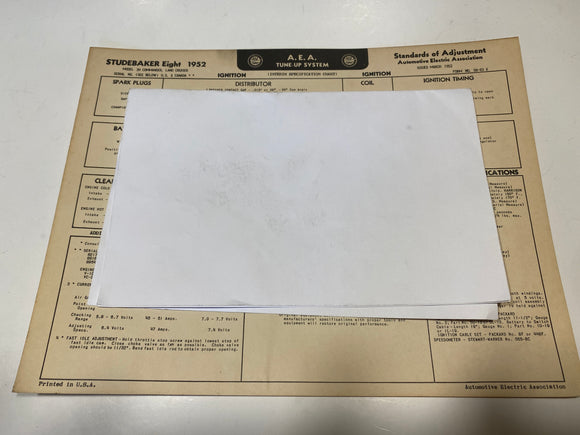 1952 Studebaker Eight Model 3H Commander Land Cruiser AEA Tune Up System card