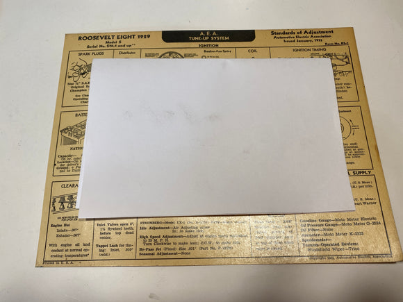 1929 Roosevelt Eight Model S AEA tune up system card