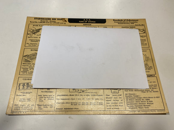 1929 Studebaker Six Model GL Dictator AEA Tune Up System card