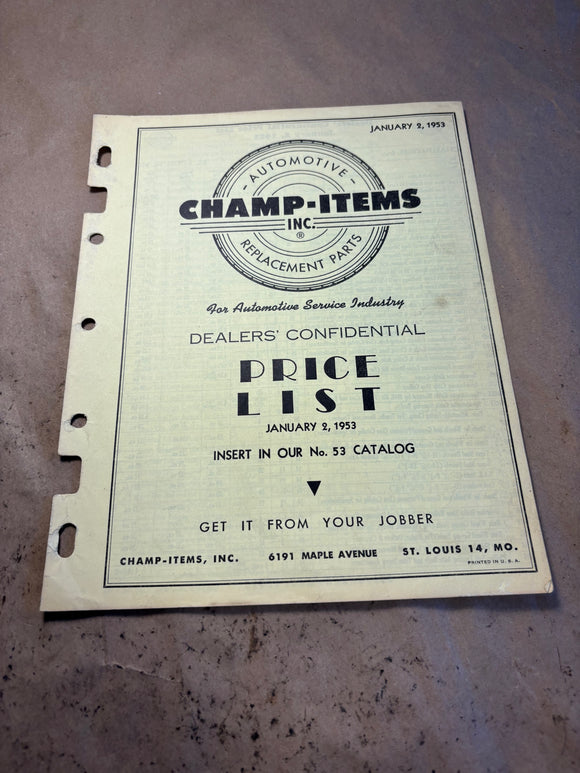 1953 Champ Items Dealers Confidential Price List