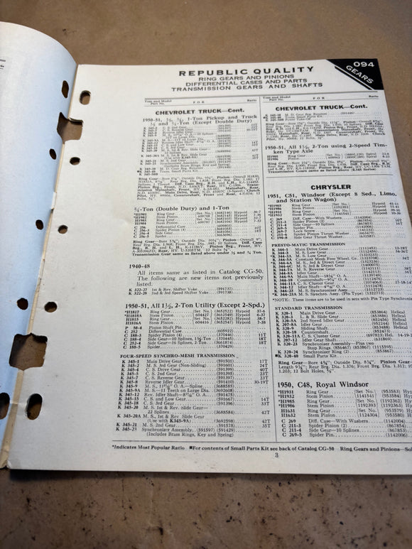 1951 Republic Gear CG-51 Catalog Supplement Ring Gears Differential Transmission Parts