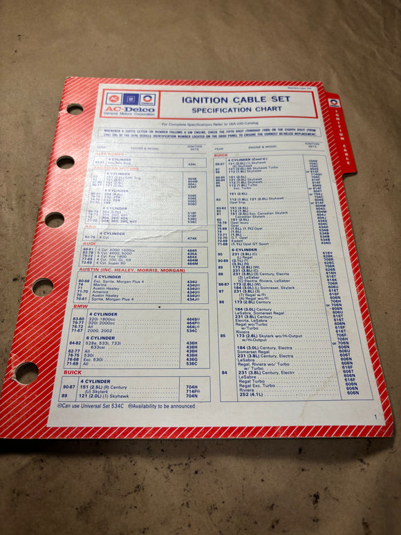 1970-1990 AC-Delco Ignition Cable Set Specification Chart