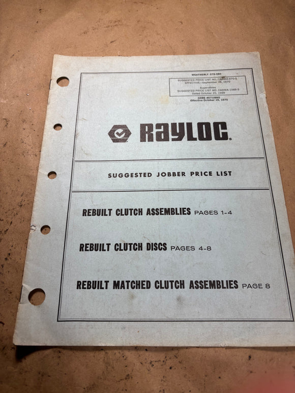 1970 Rayloc Clutch Parts jobber price list 078-080