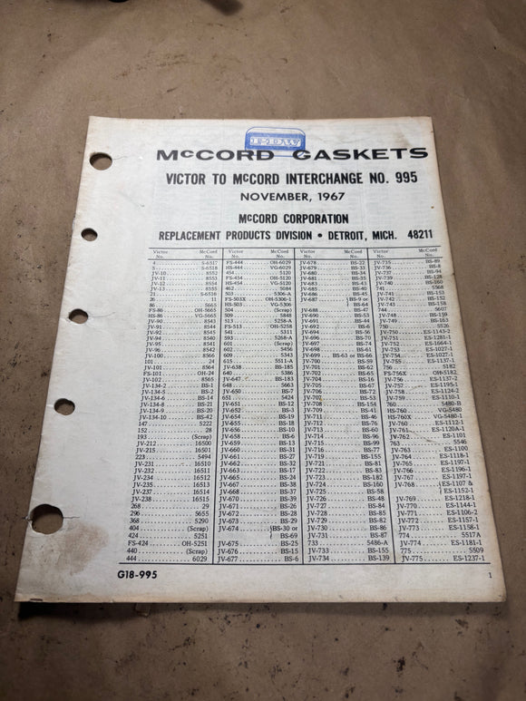 1967 McCord Gaskets Victor to McCord Interchange catalog