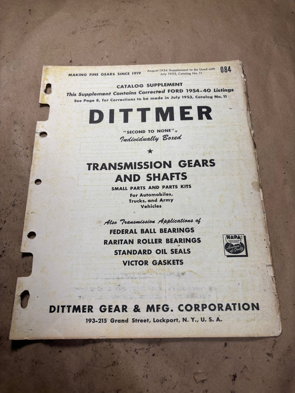 1954 Dittmer Transmission Gears and Shafts Small Parts catalog supplement