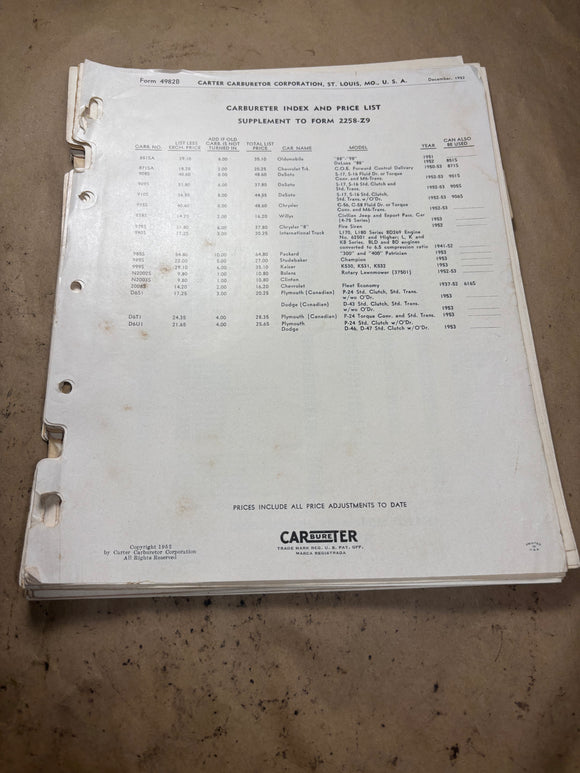 1953 Carter Carburetor parts catalog 1935-1953