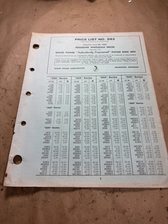 1968 Sealed Power Individually Engineered Piston Ring Sets Price List