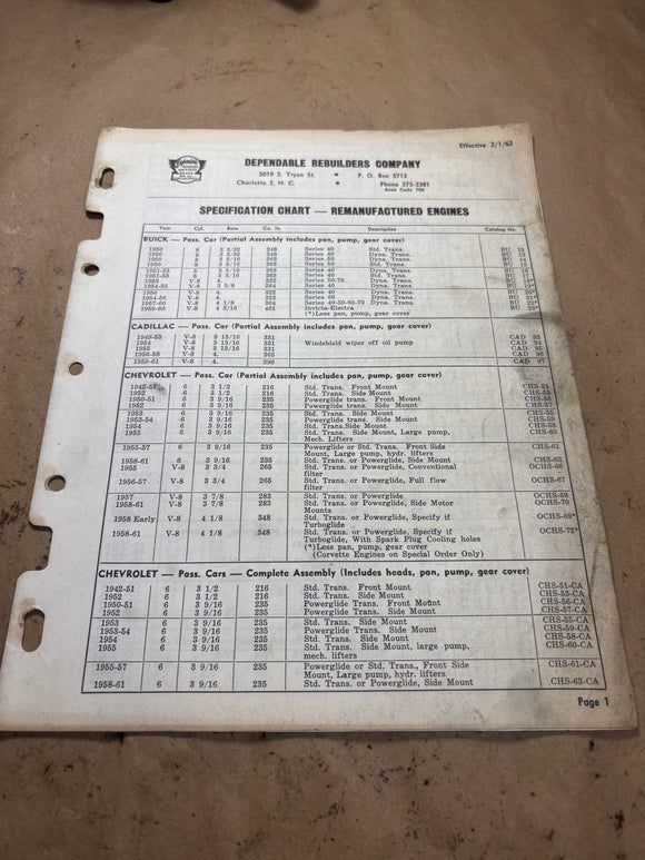 1963 Dependable Rebuilders Company Remanufacture Engines Specification Chart