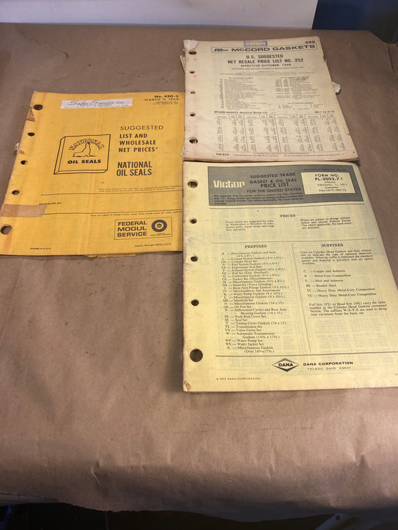 Vintage Victor McCord National seals gaskets List and Wholesale Net Price catalogs