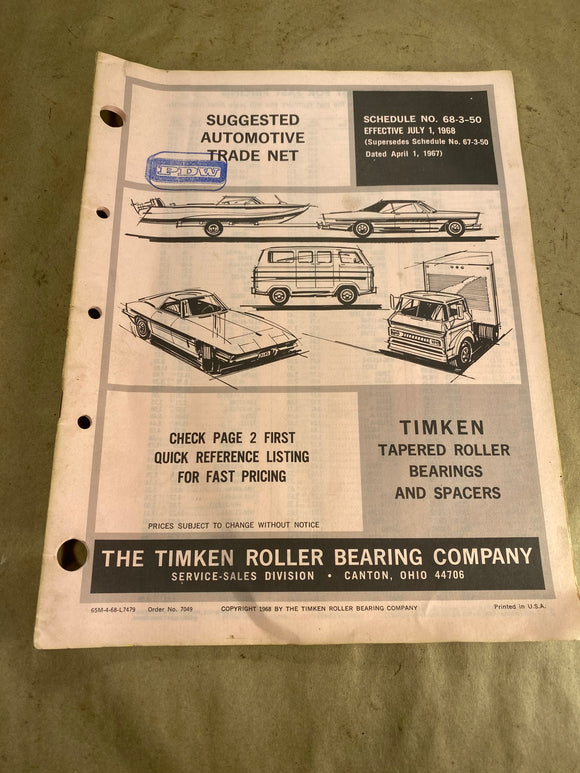 1968 Timken Tapered Roller Bearings and Spacers dealer price list
